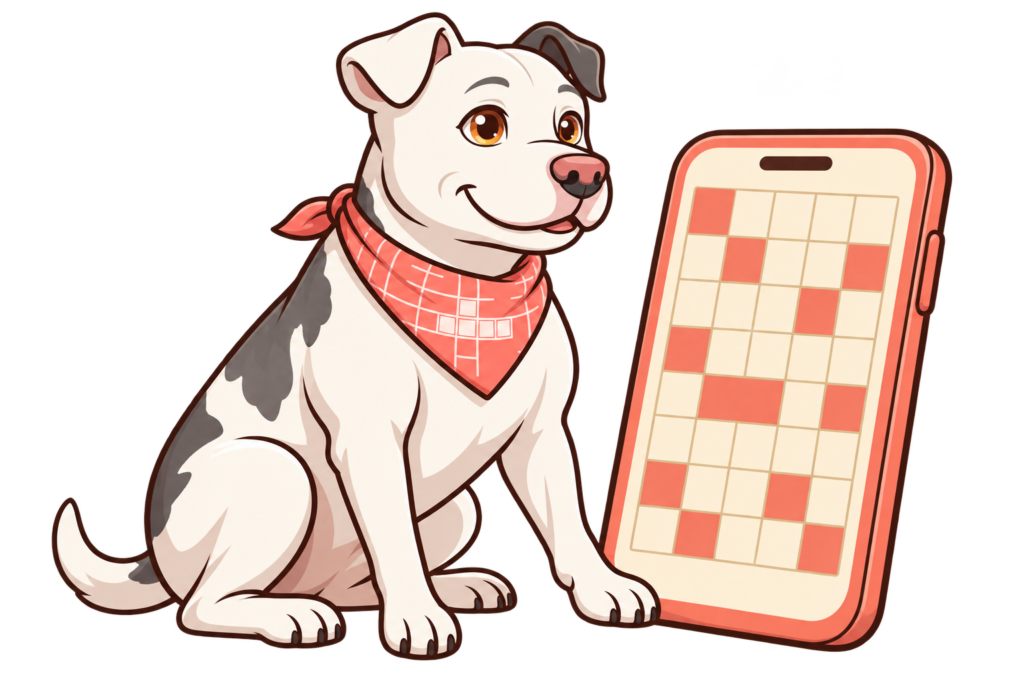 Illustrated Dora in her coral crossword kerchief beside a phone displaying a conceptual grid.