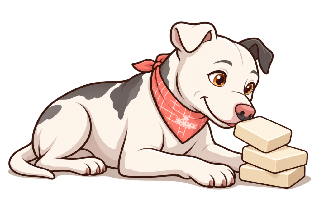 Illustrated Dora gently touching a cream puzzle tile with her nose.