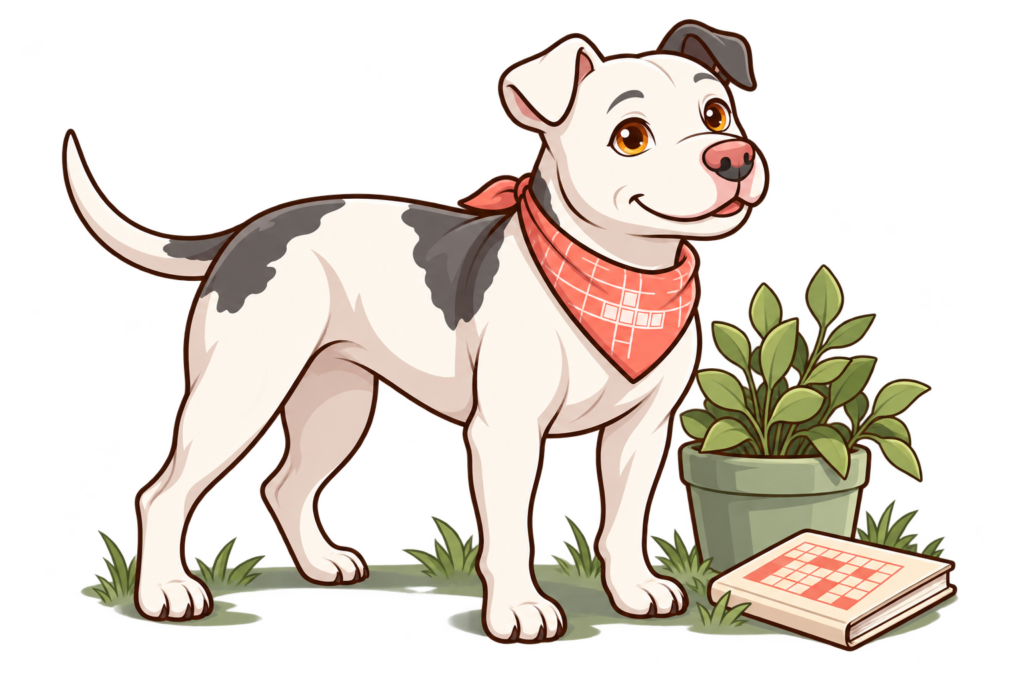 Illustrated Dora beside a leafy planter and a closed crossword booklet.