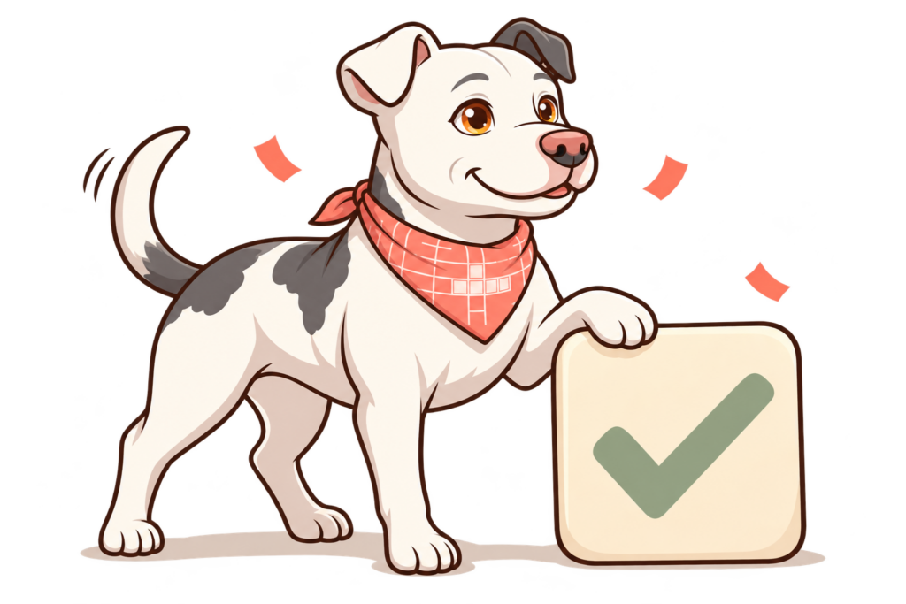 Illustrated Dora resting a paw on a cream tile with a sage check mark.