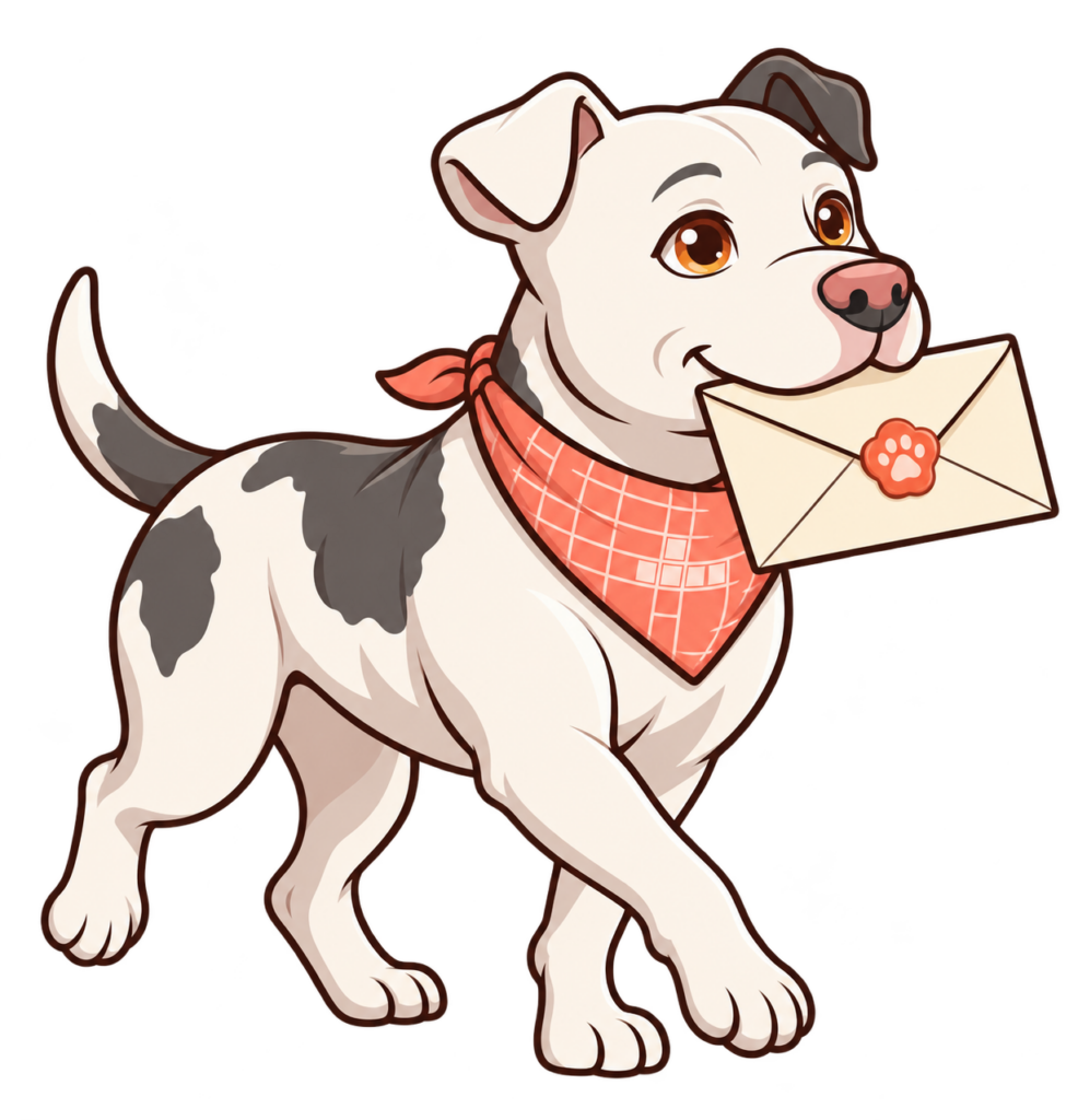 Illustrated Dora gently carries a cream envelope with a small coral paw seal, newsletter and update illustration.