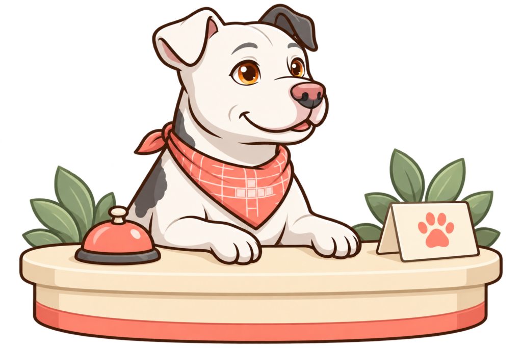 Illustrated Dora behind a cream help desk with a coral bell and paw sign.