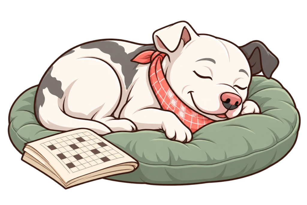 Illustrated Dora sleeping on a sage cushion beside a crossword booklet.