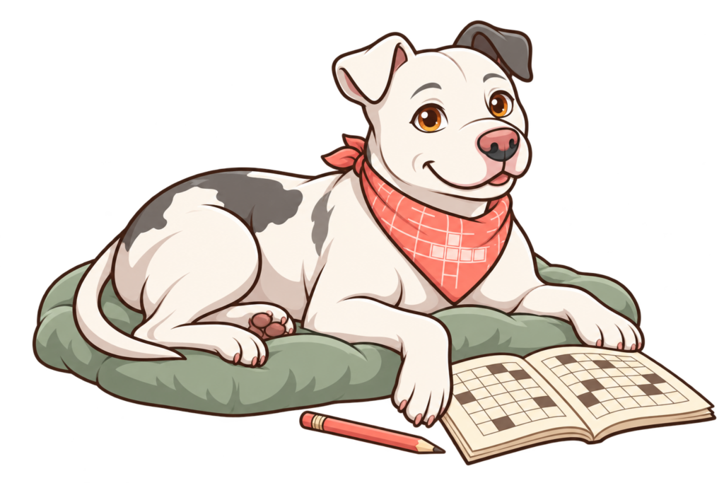 Illustrated Dora resting on a sage cushion beside a crossword booklet and coral pencil.