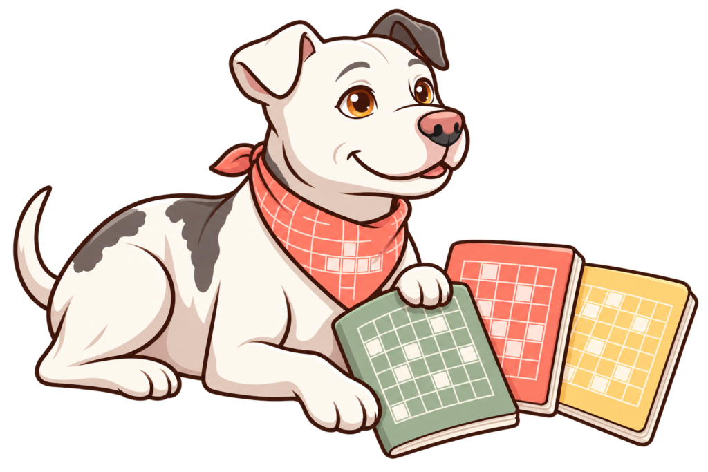 Illustrated Dora beside three crossword booklets with sage, coral and yellow covers.