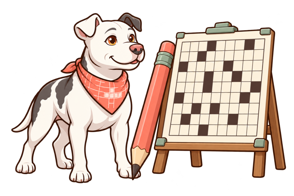 Illustrated Dora standing beside a large coral pencil and a crossword easel.