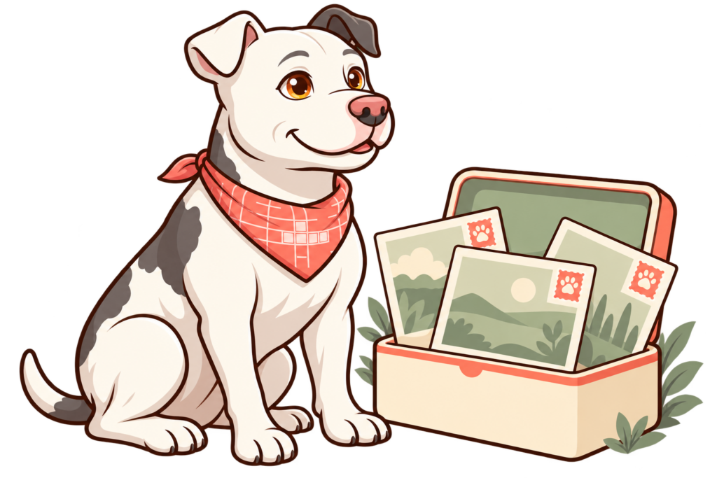 Illustrated Dora beside an open keepsake box of illustrated postcards.