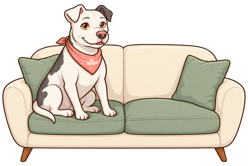 Illustrated Dora sitting on a cream couch with an empty seat beside her.