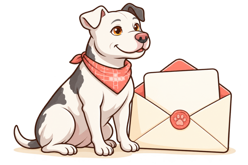 Illustrated Dora sitting beside a cream envelope with a coral paw seal.